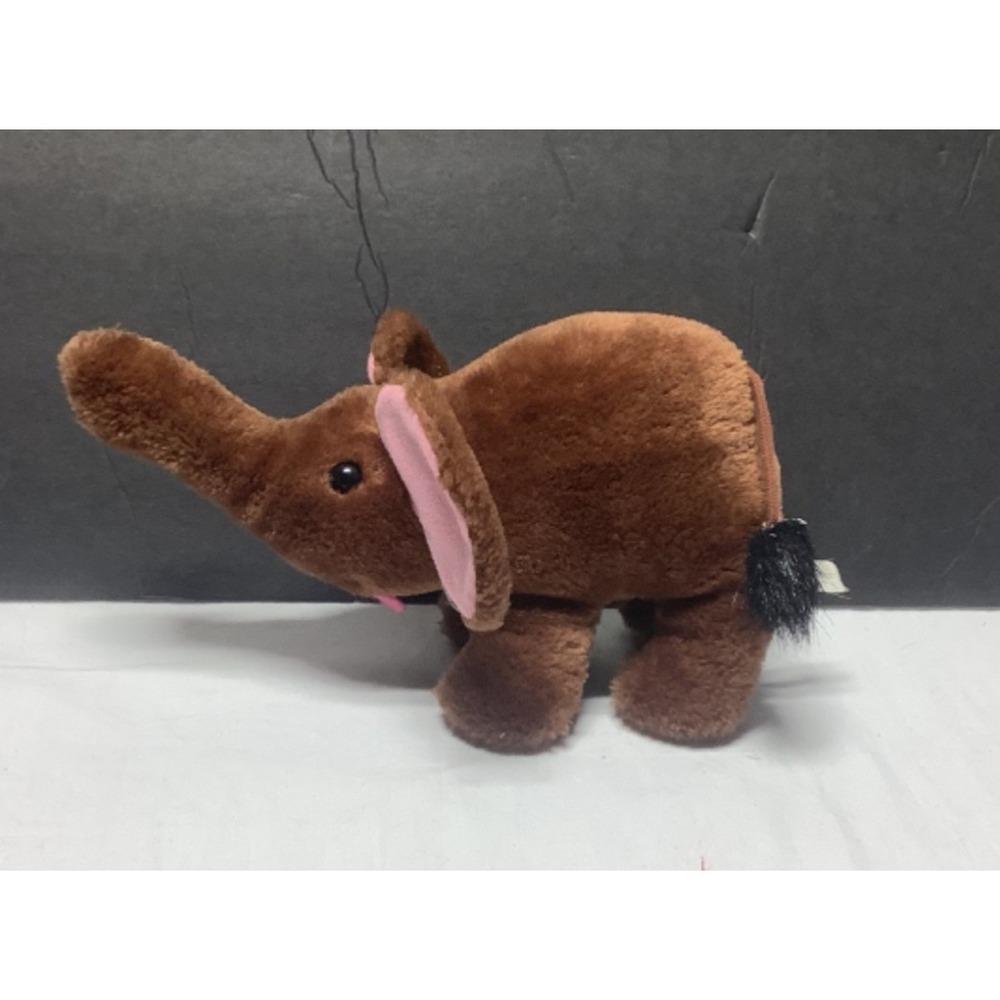 Vintage Elephant Plush Stuffed Animal 9" Brown Pink Ears Felt tongue